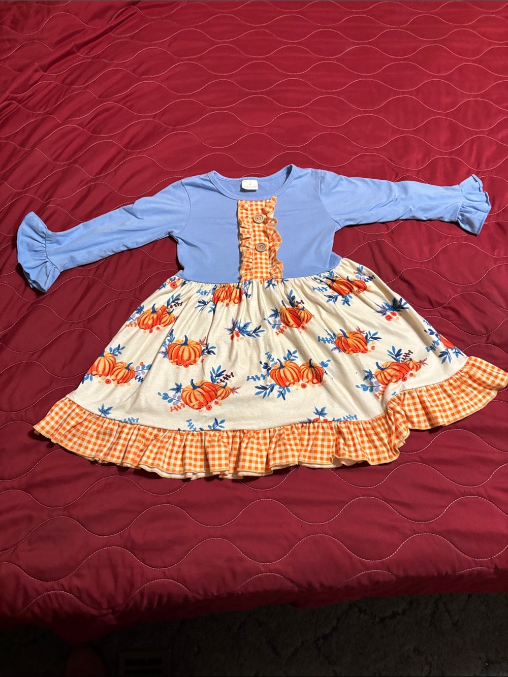Girls Blue and Orange Pumpkin Print Ruffle Dress